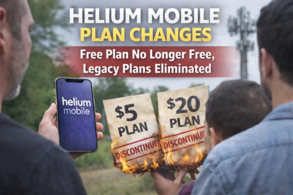 People looking at a smartphone showing “Helium Mobile” while discontinued $5 and $20 plan signs burn in the background near a cell tower