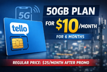 Promotional image featuring a Tello-branded SIM card next to a smartphone with a 5G symbol, showing a 50GB plan offered at $10 per month for six months, with the regular $25 per month price noted.