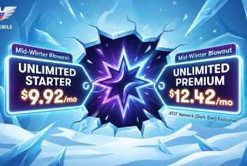 A winter-themed digital graphic with an icy blue background and a glowing dark star. Text displays US Mobile's Mid-Winter Blowout deals for Unlimited Starter at $9.92 per month and Unlimited Premium at $12.42 per month.