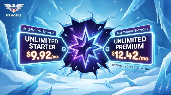 A winter-themed digital graphic with an icy blue background and a glowing dark star. Text displays US Mobile's Mid-Winter Blowout deals for Unlimited Starter at $9.92 per month and Unlimited Premium at $12.42 per month.