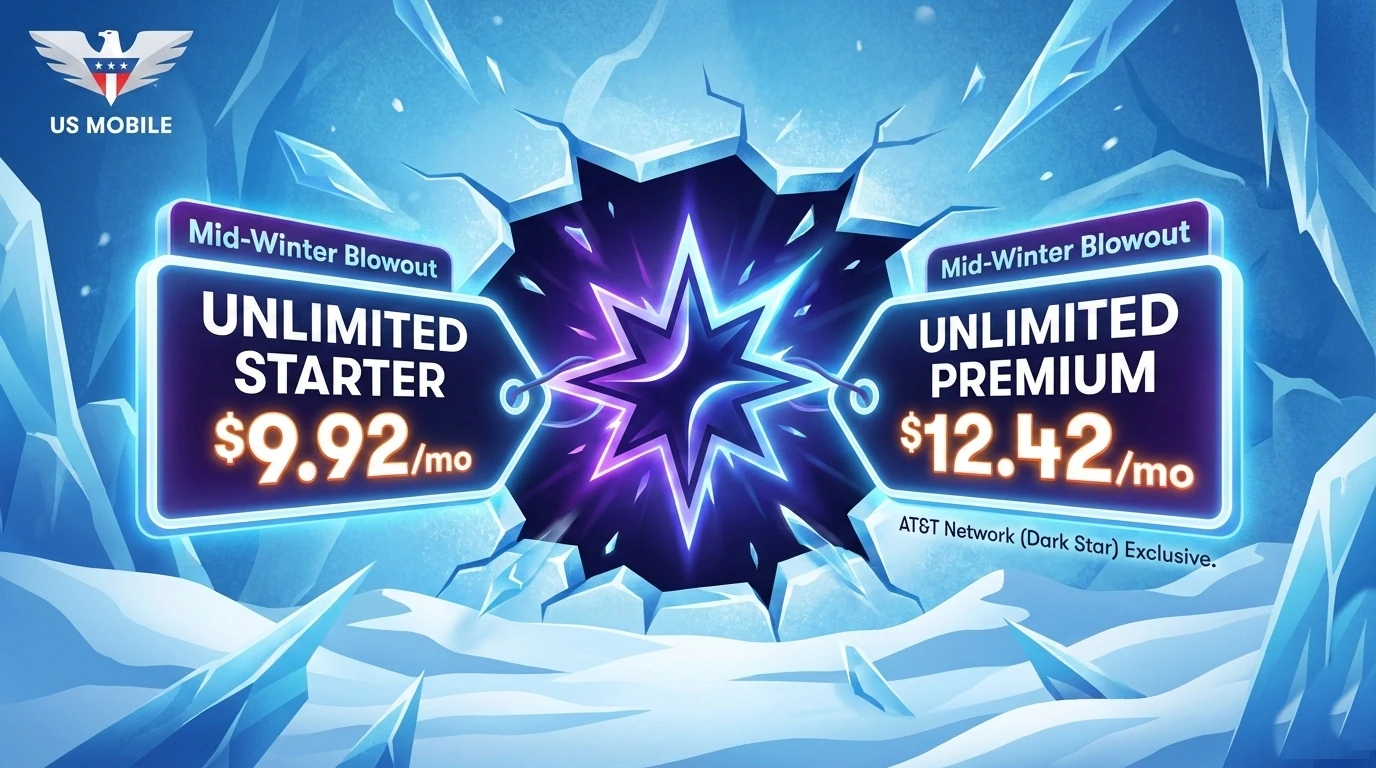 A winter-themed digital graphic with an icy blue background and a glowing dark star. Text displays US Mobile's Mid-Winter Blowout deals for Unlimited Starter at $9.92 per month and Unlimited Premium at $12.42 per month.