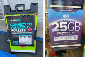 Two prepaid wireless promos at a California dealer: a MobileX sidewalk sign reading ‘Connect to the world for less’ with plan prices, alongside an Ultra Mobile in-store poster advertising ‘Lock in 25GB’ for $29/month for life.