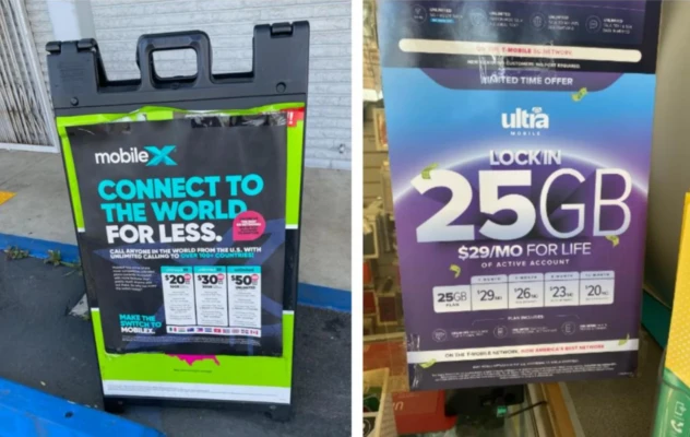 Two prepaid wireless promos at a California dealer: a MobileX sidewalk sign reading ‘Connect to the world for less’ with plan prices, alongside an Ultra Mobile in-store poster advertising ‘Lock in 25GB’ for $29/month for life.