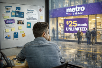 Independent MVNO owner watches a Metro by T-Mobile store advertise a $25 unlimited plan while weighing how to compete.