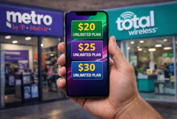 Smartphone showing $20, $25, and $30 unlimited plans in front of Metro by T-Mobile and Total Wireless stores.