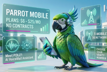 A futuristic advertisement featuring a green macaw with a headset holding a smartphone. Floating AR screens surround the bird detailing "Parrot Mobile" plans ($6-$25/mo, no contracts), T-Mobile 5G network access, and an AI voicemail assistant named Polly.