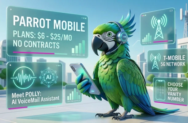 A futuristic advertisement featuring a green macaw with a headset holding a smartphone. Floating AR screens surround the bird detailing 