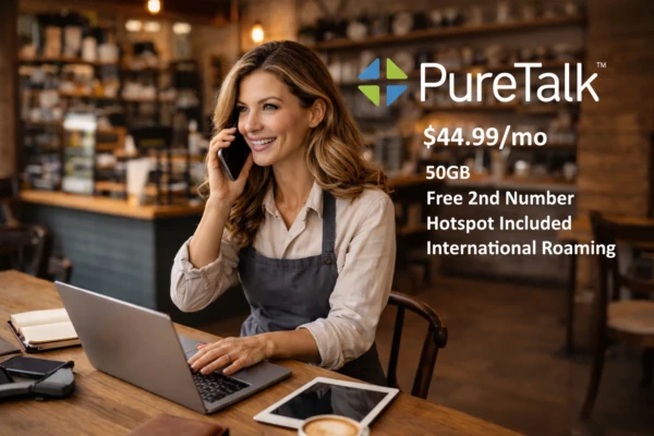 Small business owner using a smartphone and laptop in a café with PureTalk logo and plan details highlighting $44.99/month plan with 50GB data, hotspot, second number, and international roaming