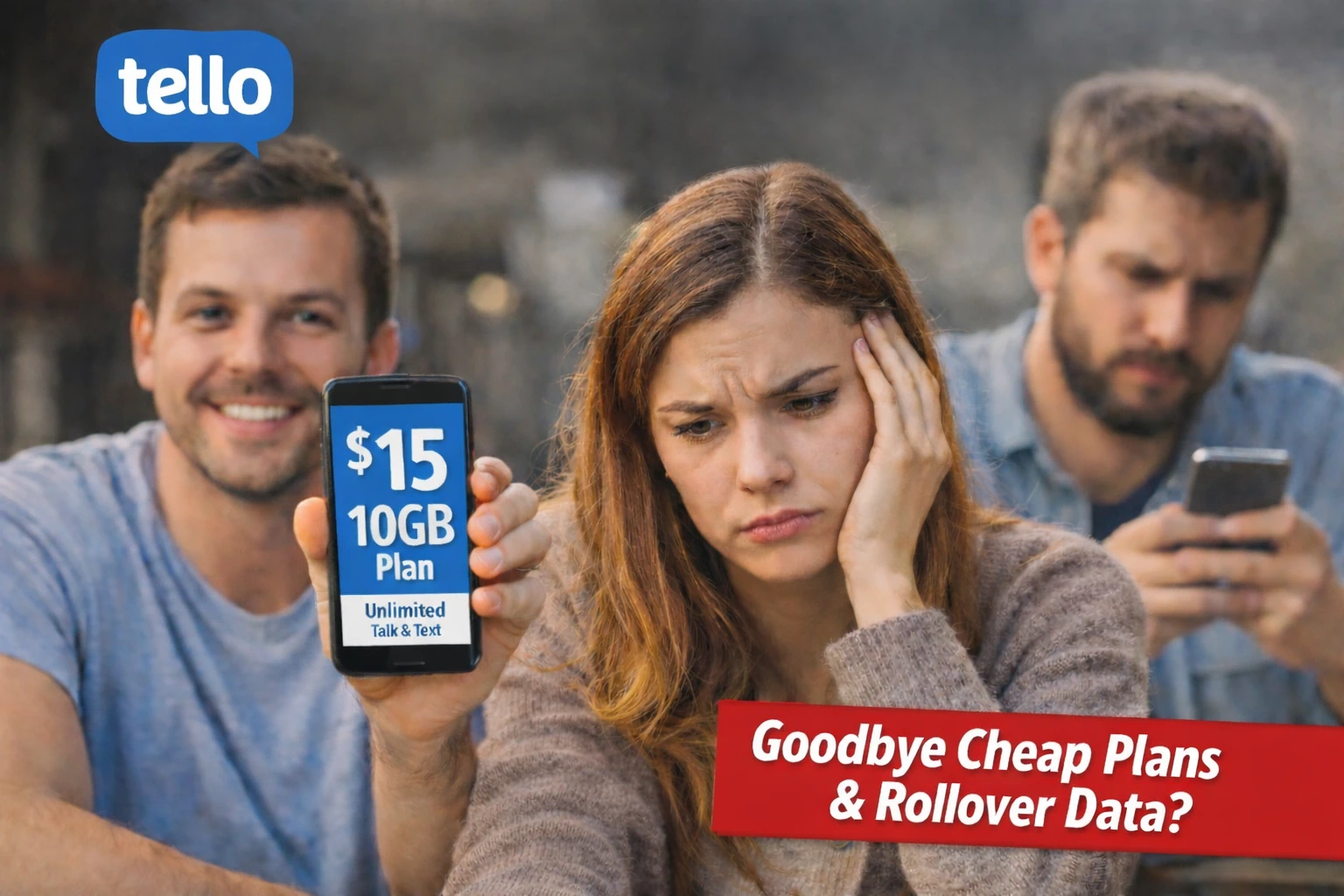 Frustrated wireless customer reacting to changes as another person shows a $15 10GB phone plan, highlighting concerns about losing cheap plans and rollover data