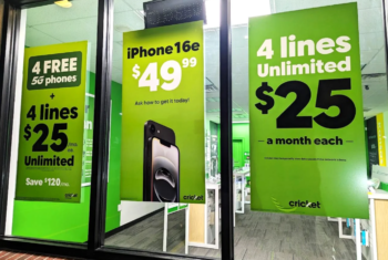 Cricket Wireless storefront with signage displayed during the 2026 tax season for 4 unlimited lines for $25 and a $49 iPhone 16e.