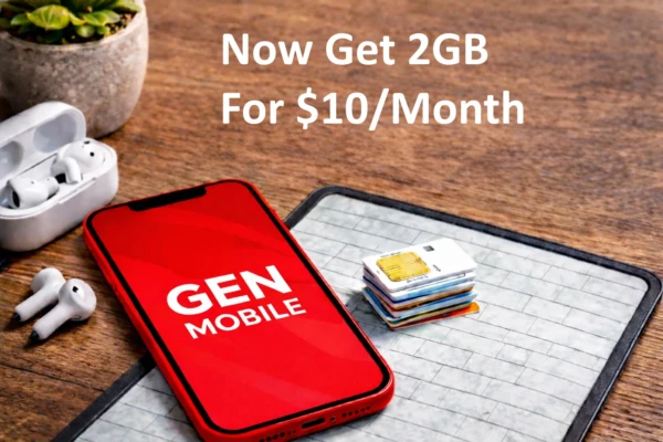 Red Gen Mobile branded smartphone resting on a wooden desk beside SIM cards and wireless earbuds, illustrating Gen Mobile’s updated prepaid phone plans.