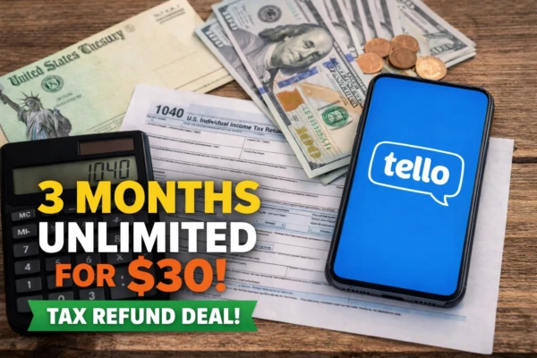 Smartphone displaying Tello logo next to U.S. tax refund documents, cash, and a calculator with text highlighting a 3 months unlimited for $30 tax refund promotion