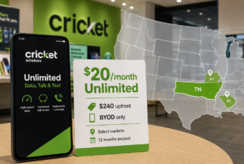 Alt description: Illustration of a Cricket Wireless $20 unlimited plan offer with a phone, pricing card, and map highlighting Tennessee, Kentucky, and South Carolina.