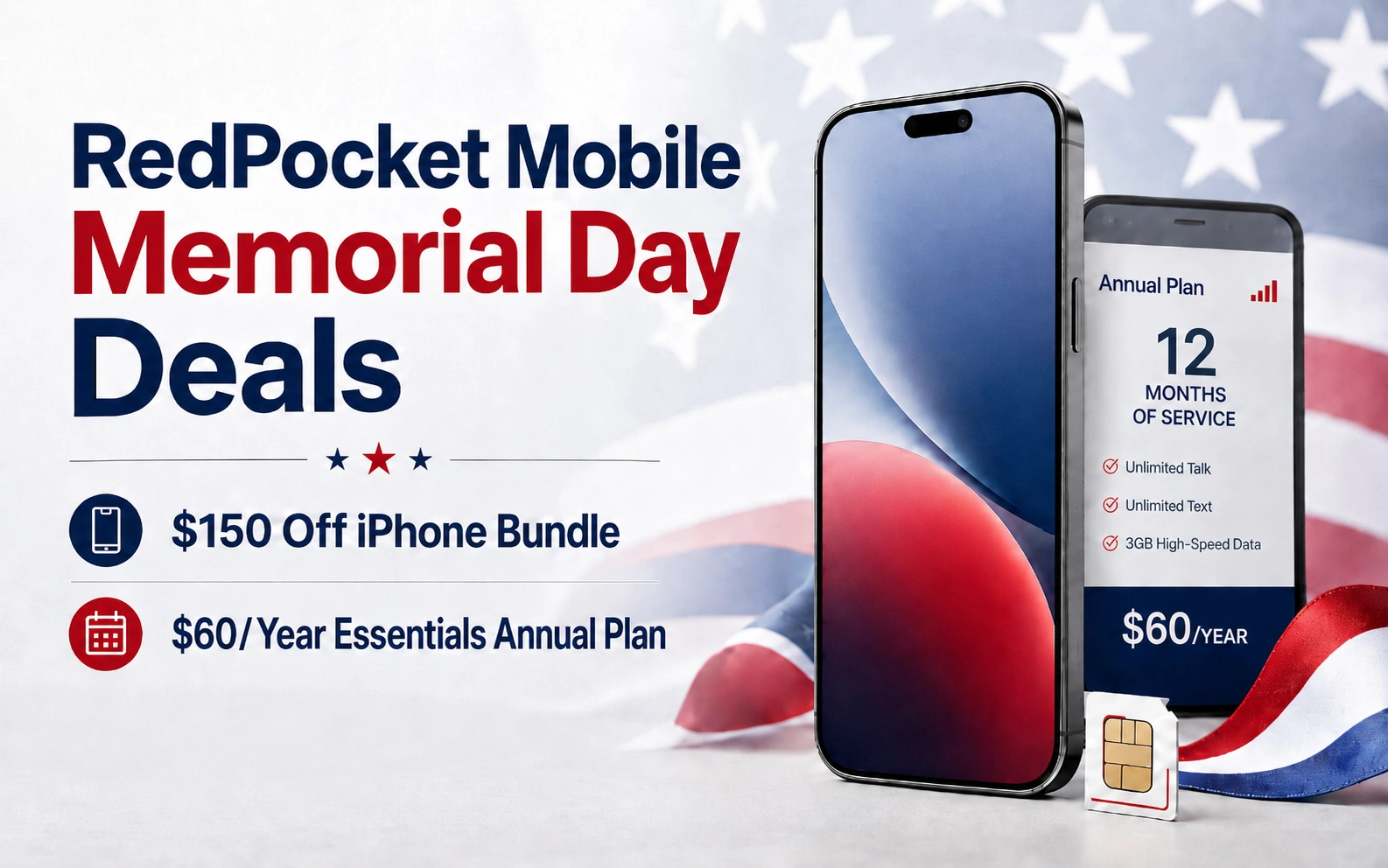 RedPocket Mobile Memorial Day deals graphic showing a $150 off iPhone bundle and a $60/year Essentials annual plan with 3GB of high-speed data, alongside smartphones and a patriotic red, white, and blue background.
