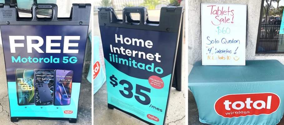Total Wireless storefront with display signage for home internet and free phones