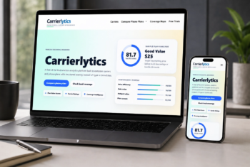 Carrierlytics website shown on a laptop and smartphone, featuring plan value scores, carrier ratings, coverage intelligence, and wireless plan comparison tools.