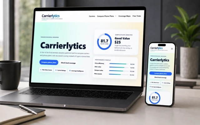 Carrierlytics website shown on a laptop and smartphone, featuring plan value scores, carrier ratings, coverage intelligence, and wireless plan comparison tools.
