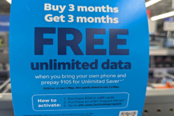 ATT Prepaid buy 3 get 3 free offer store signage at Walmart 5-21-26