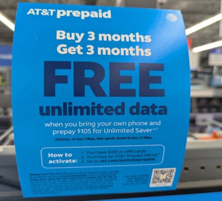 ATT Prepaid buy 3 get 3 free offer store signage at Walmart 5-21-26