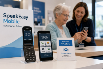 Rendering of SpeakEasy Mobile flip and smartphone displays with a senior customer and helper in a wireless retail setting.