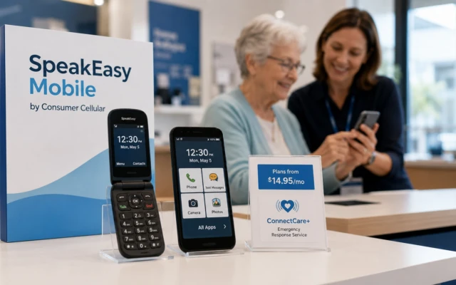 Rendering of SpeakEasy Mobile flip and smartphone displays with a senior customer and helper in a wireless retail setting.