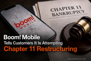 Boom Mobile logo on a cracked smartphone next to Chapter 11 bankruptcy paperwork, illustrating the MVNO’s restructuring attempt.