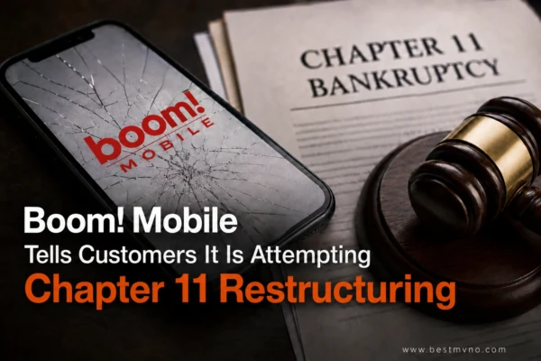 Boom Mobile logo on a cracked smartphone next to Chapter 11 bankruptcy paperwork, illustrating the MVNO’s restructuring attempt.