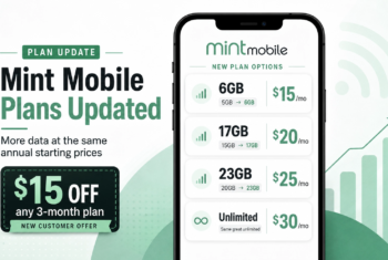A smartphone graphic showing Mint Mobile’s updated plan lineup with 6GB, 17GB, 23GB, and Unlimited plans, plus a $15 off new customer offer.