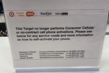 In store Target signage that says Target no longer activates Consumer Cellular or no-contract phone activations