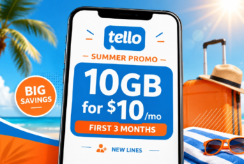A smartphone displaying Tello’s 10GB for $10/month summer promo, shown with beach-themed travel graphics and the note that the offer is for new lines during the first three months.