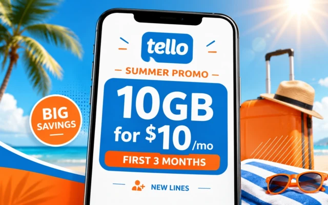 A smartphone displaying Tello’s 10GB for $10/month summer promo, shown with beach-themed travel graphics and the note that the offer is for new lines during the first three months.