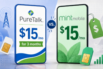 PureTalk and Mint Mobile phones side by side, each advertising service for $15 per month, with PureTalk offering the price for three months.