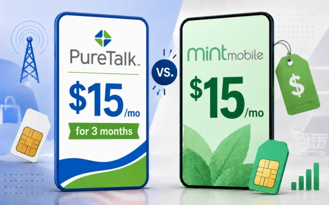 PureTalk and Mint Mobile phones side by side, each advertising service for $15 per month, with PureTalk offering the price for three months.