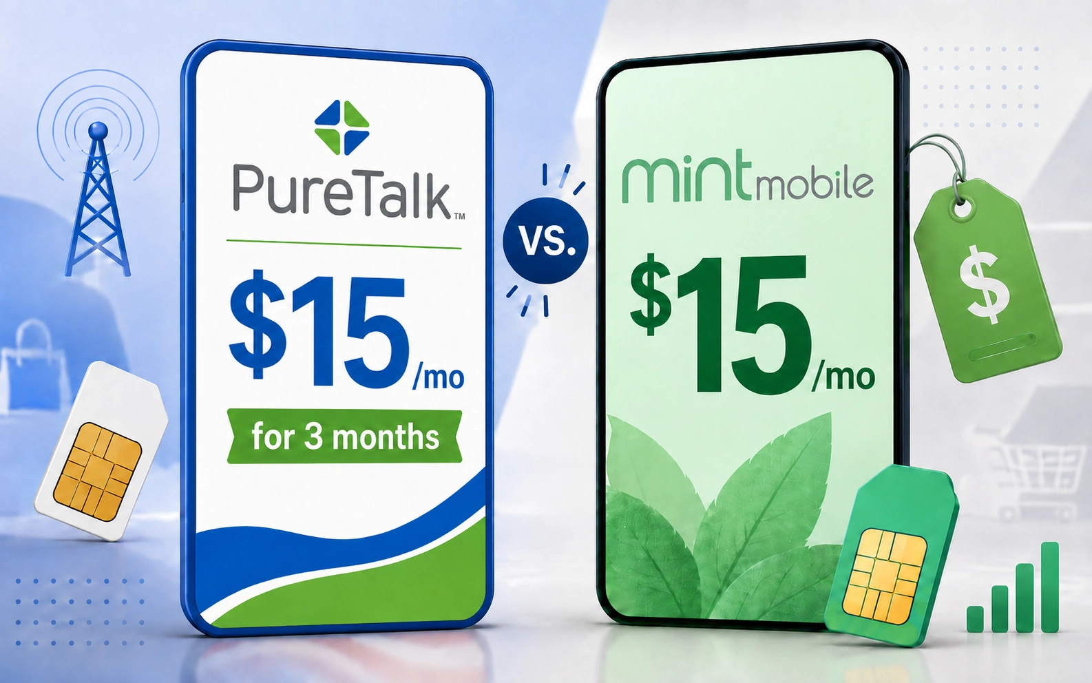 PureTalk and Mint Mobile phones side by side, each advertising service for $15 per month, with PureTalk offering the price for three months.