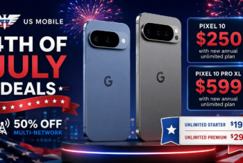 Patriotic US Mobile Fourth of July deals graphic showing two Pixel 10 phones, fireworks, discounted phone pricing, annual unlimited plan offers, and a 50% off Multi-Network add-on promotion.