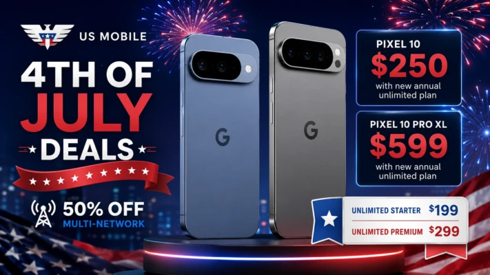 Patriotic US Mobile Fourth of July deals graphic showing two Pixel 10 phones, fireworks, discounted phone pricing, annual unlimited plan offers, and a 50% off Multi-Network add-on promotion.