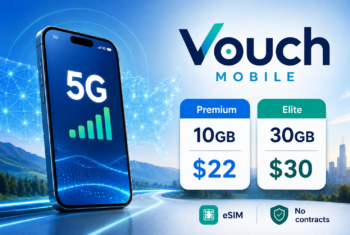 Illustration of a Vouch Mobile 5G plan graphic showing a smartphone, coverage map, and Premium 10GB for $22 and Elite 30GB for $30 plan cards with eSIM and no-contract icons.