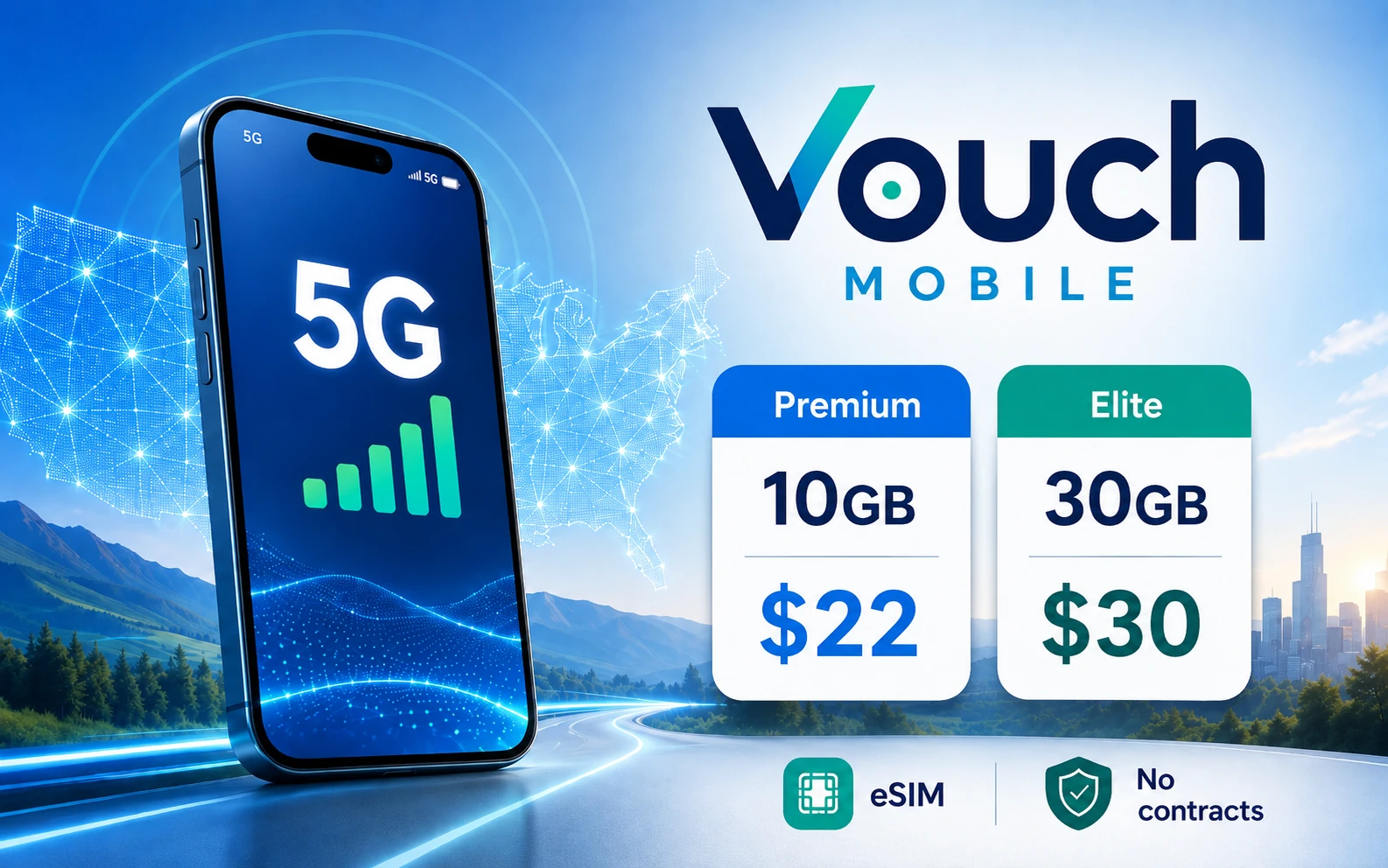 Illustration of a Vouch Mobile 5G plan graphic showing a smartphone, coverage map, and Premium 10GB for $22 and Elite 30GB for $30 plan cards with eSIM and no-contract icons.