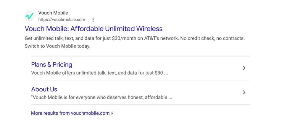 screenshot of Vouch Mobile in Google Search results