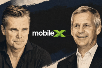 Editorial illustration of MobileX CEO Peter Adderton and Charlie Ergen with the MobileX logo between them.