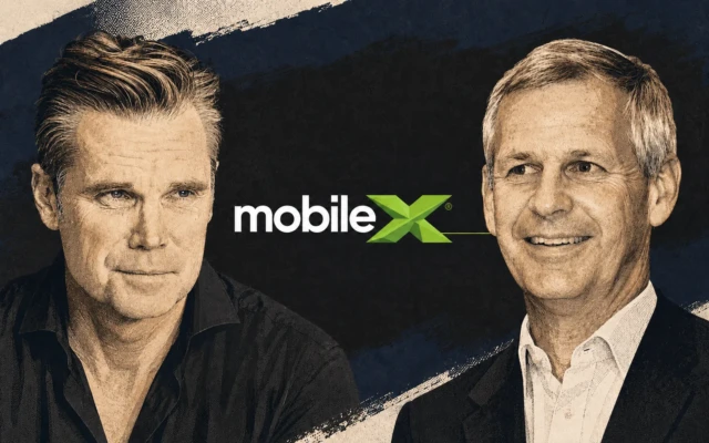 Editorial illustration of MobileX CEO Peter Adderton and Charlie Ergen with the MobileX logo between them.