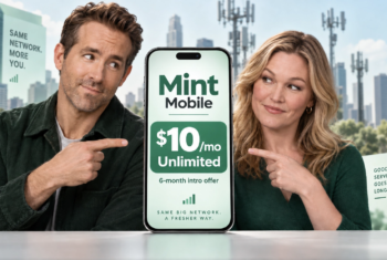 Artistic renditions of Ryan Reynolds and Julia Stiles pointing toward a smartphone displaying Mint Mobile’s $10 per month unlimited six-month intro offer, with cell towers and a city skyline in the background.