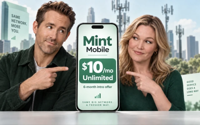 Artistic renditions of Ryan Reynolds and Julia Stiles pointing toward a smartphone displaying Mint Mobile’s $10 per month unlimited six-month intro offer, with cell towers and a city skyline in the background.